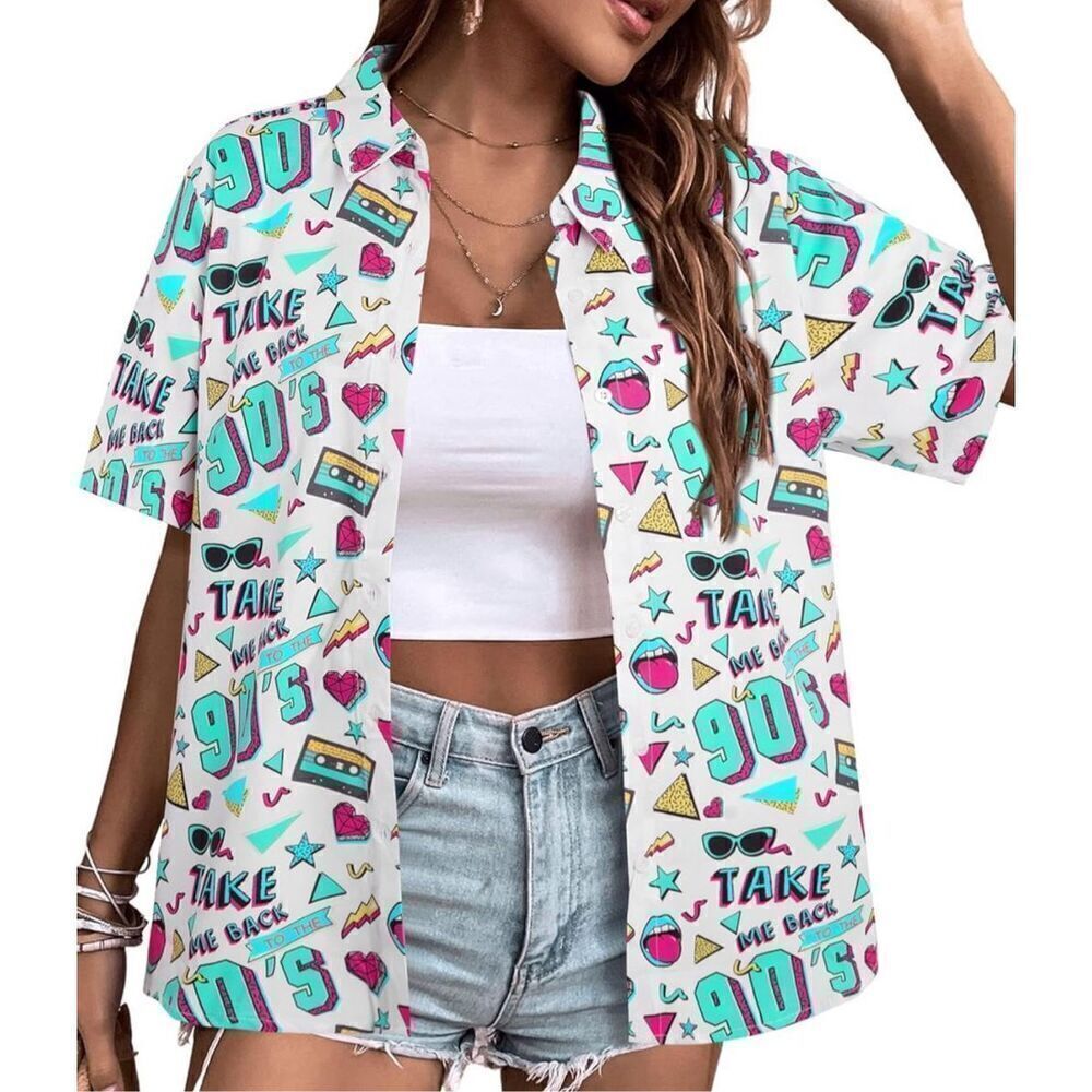 90 Shirt Vintage Party Tee Disco Tshirt Causal Button Up